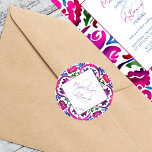 Mall för rosa blå mexikanska Talavera-plattor bröl Runt Klistermärke<br><div class="desc">Rosa magenta blå Majolica Mexican Talavera Spanska brickor och groom namn klistermärken. Moderna vattenfärgsplattor rosa och blått färg traditionellt mönster.</div>