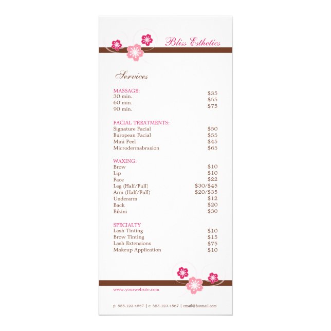 Mall för rosa och Brown Sakura Spa Menu Reklamkort (Framsidan)