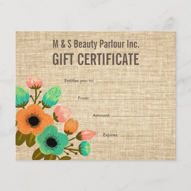 Mall för Salon Gift-certifikat för Burlap-Blommigt (Framsida)
