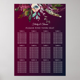 Mall för sätesdiagram för Burgundy Blommigt Bröllo Poster