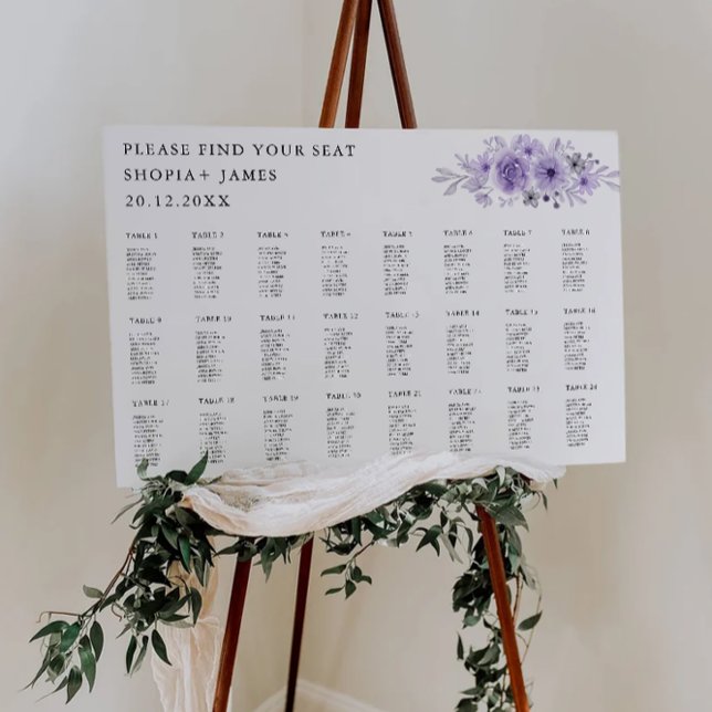 Mall för sätesdiagram för lila Bröllop Poster (Purple Wedding Seating Chart Template)