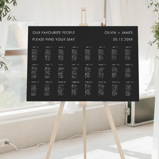 Mall för sätesdiagram för svart Bröllop Poster (Black Wedding Seating Chart Template)