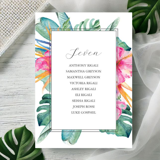 Mall för sittande målbröllop (Seating chart watercolor tropical flowers & palm leaves by Victoria Grigaliunas Do Tell A Belle)