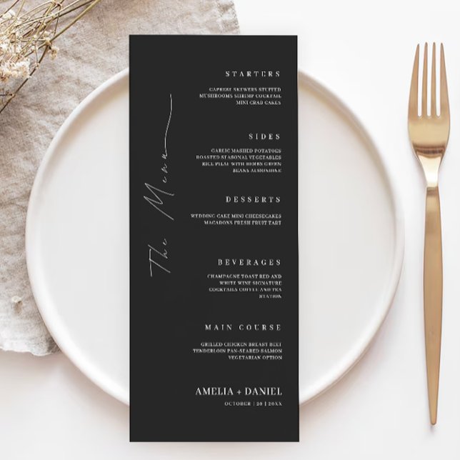 Mall för svarta Bröllop-menykort (Black Wedding Menu Cards Template)