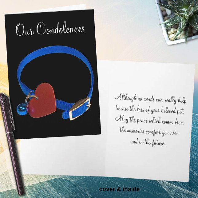 Mall för sympati vid förlust av husdjur, Blå krage (Blue pet collar with heart sorrow greeting card)