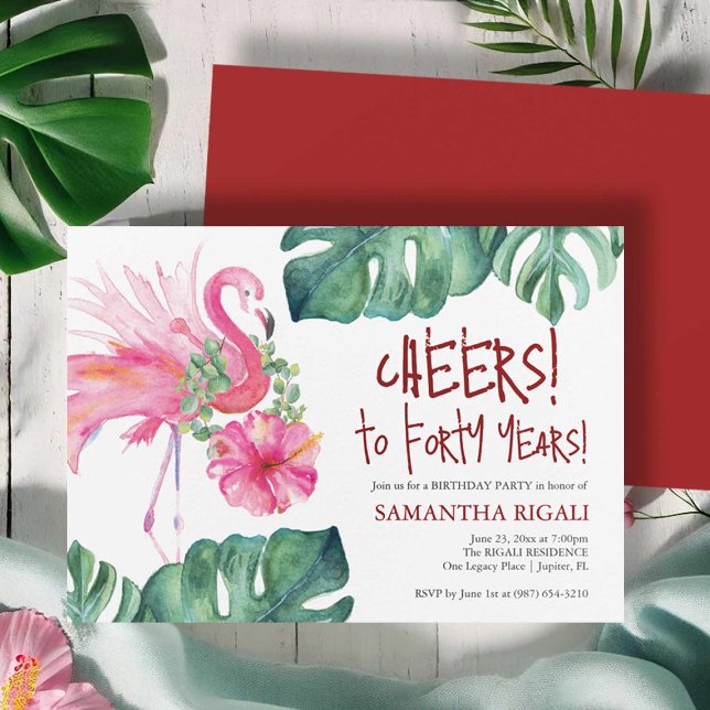 Mall för Tropical 40:e födelsedagsinbjudan (40th birthday invites hand painted watercolor pink flamingo by Victoria Grigaliunas)