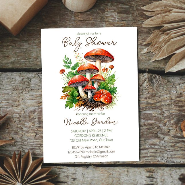 Mall för vild av svampsvampar för babydusch (Wild forest red mushrooms green fern baby shower invitation editable template instant download )