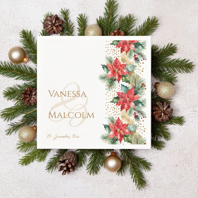 Mall för vinterbröllopspoinsettia guld pappersservett (Winter Christmas wedding  red poinsettia gold sprinkles template napkins personalized tableware)