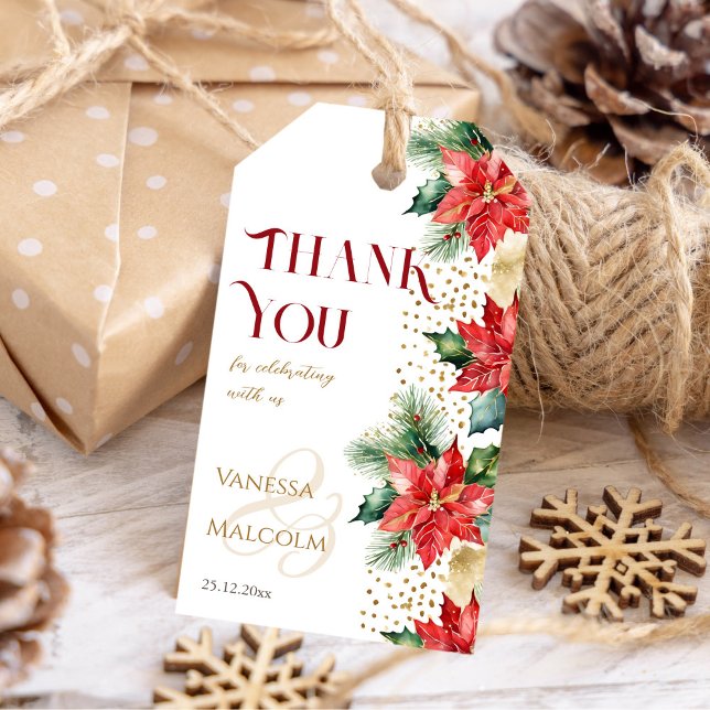 Mall för vinterbröllopspoinsettia guld presentetikett (Winter wedding red poinsettia gold sprinkles template favor gift tags Christmas wedding favor tags)