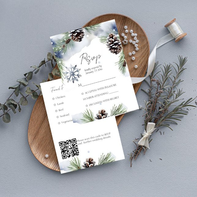 Mall för vinterbröllopssnö i gräs (Snowy pines winter wedding RSVP card with QR at the back watercolor pines with pine cones)