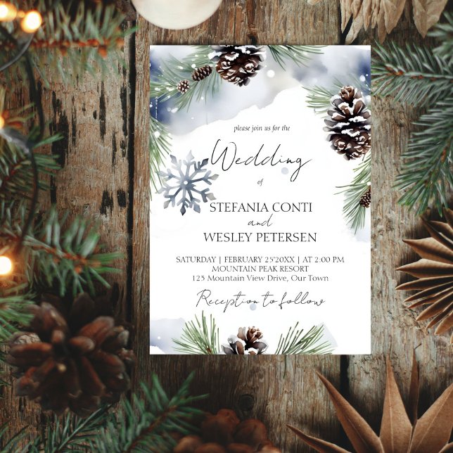Mall för vinterbröllopssnö i gräs (Winter wedding watercolor snowy pines pine cones editable template invitation digital download)