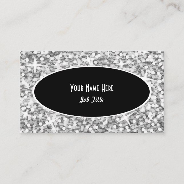 Mall för visitkort för Glitz"silver" svart oval (Framsida)