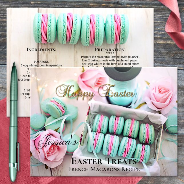 Mall för vykort för personlig Macarons receptmotta (Macarons recipe postcard with a pretty image of colorful macarons with pink rose - nice for Easter)