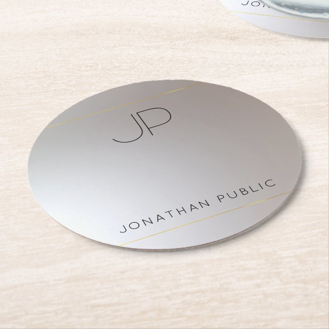 Mall Modern Elegant Monogram Guld Silver Underlägg Papper Rund (Vinklad)