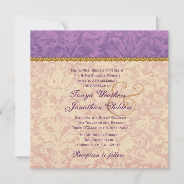 Mall V12 för Ecru och Lila Damask Wedding (Framsida)