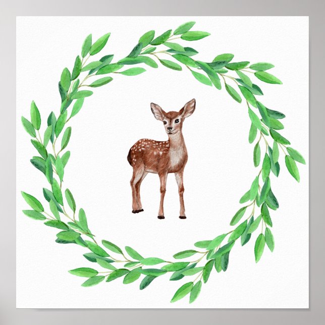 Mållade Tiny Baby Hjort Fawn Wandeans of Löv Poster (Framsidan)