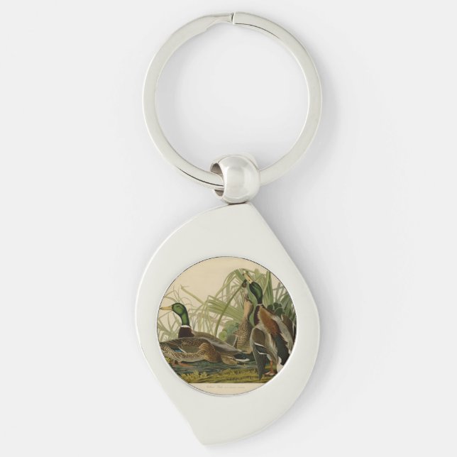 Mallard Anka Audubon Bird Painting Swirl Silverfärgad Nyckelring (Framsidan)