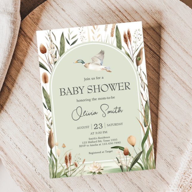 Mallard Anka Baby Shower Inbjudningar (Sage Green Mallard Duck Hunting Country Baby Shower Invitation)