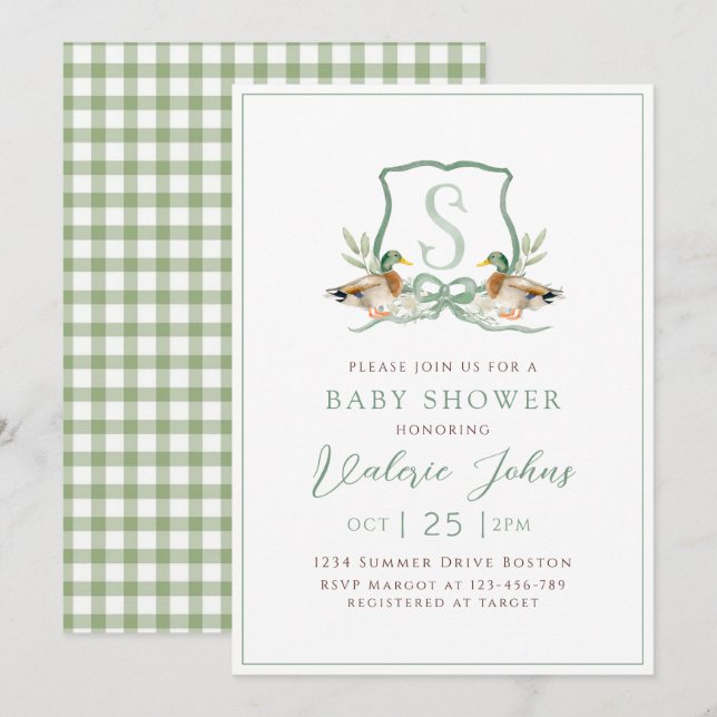 Mallard Anka Crest Monogram Baby shower  Inbjudningar (Fram/baksida)