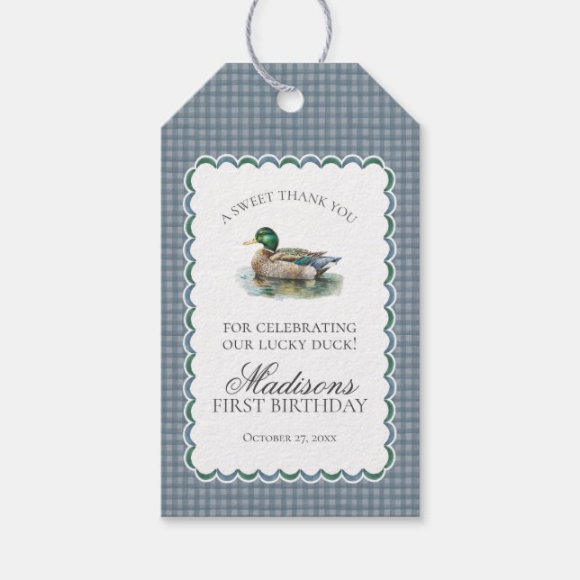 Mallard Anka Hunting Gingham Boy Birthday Favor Presentetikett (Framsidan)