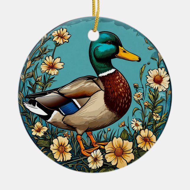 Mallard Anka, omgiven av Vibrant Flowers i en Sc Julgransprydnad Keramik (Framsidan)