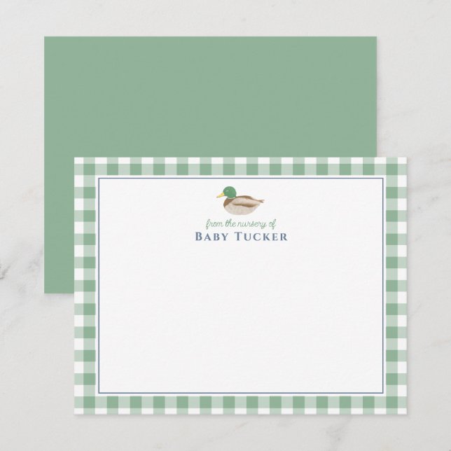Mallard Anka Preppy Gingham Pojke Note Cards Inbjudningar (Fram/baksida)