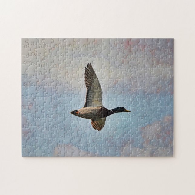 Mallard Anka som flyger i Himlar Art Puzzle Pussel (Horisontell)