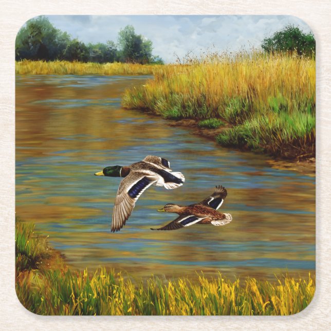 Mallard Anka som flyger över Pond Underlägg Papper Kvadrat (Framsidan)
