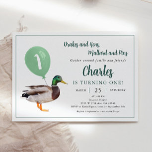 Mallard Anka Theme 1:a födelsedagen Party Inbjudningar