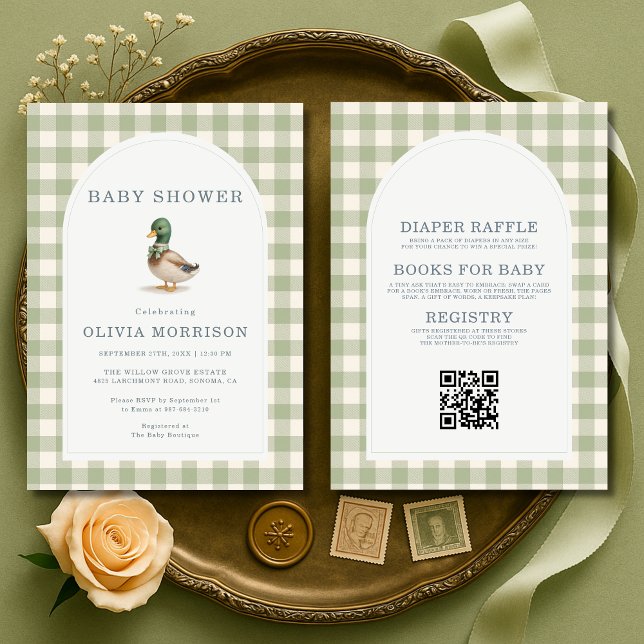 Mallard Duck Gingham All in One Baby Shower Inbjudningar (Skapare uppladdad)