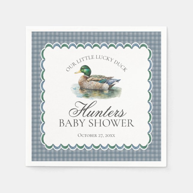 Mallard Duck Hunting Blue Gingham Boy Baby Shower Pappersservett (Framsidan)