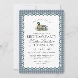 Mallard Duck Hunting Blue Gingham First Birthday Inbjudningar