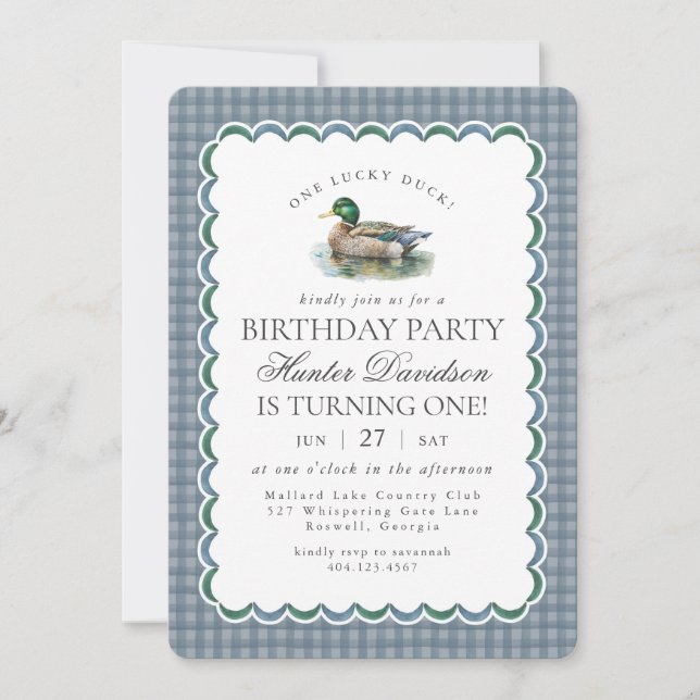 Mallard Duck Hunting Blue Gingham First Birthday Inbjudningar (Framsida)