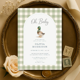 Mallard Duck Sage Green Gingham Baby Shower Inbjudningar