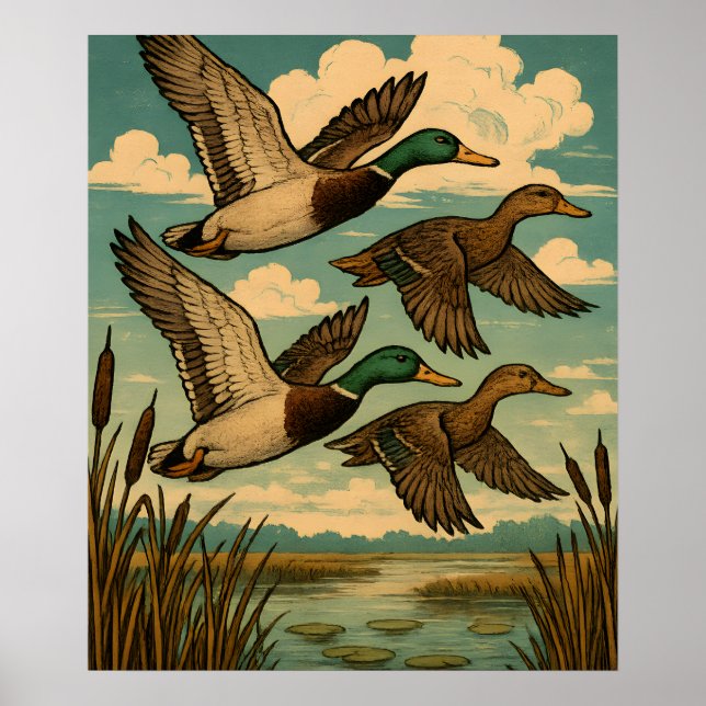 Mallard Ducks in Flight Wildlife Art Poster (Framsidan)