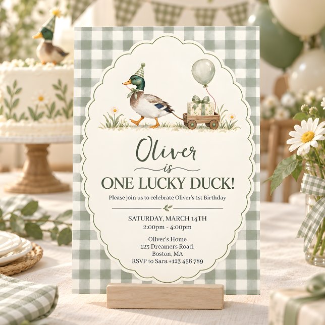 Mallard Lucky Duck Gingham Födelsedag Inbjudningar (Skapare uppladdad)