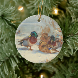 Mallard och teal i snö, fåglar julgransprydnad keramik