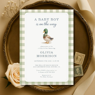 Mallardand Gingham Baby Shower i Sagemössa Grön Inbjudningar