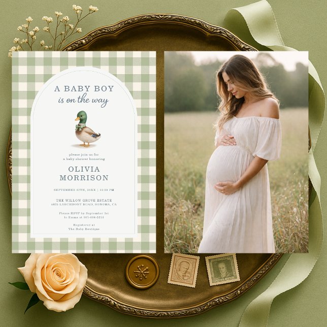 Mallardand Gingham Foto Baby Shower Inbjudningar (Skapare uppladdad)