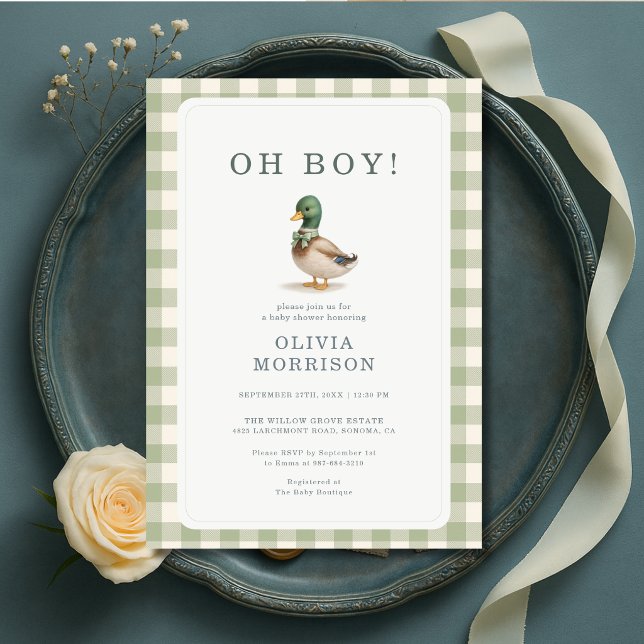 Mallardand Sagegrön Gingham Baby Shower Inbjudningar (Skapare uppladdad)