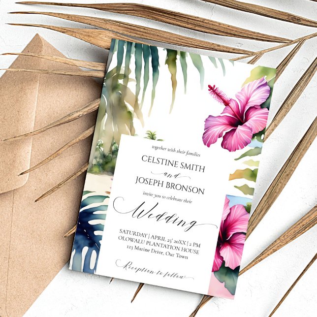 Mallen Tropiska stranden handflatan hibiscus bröll Inbjudningar (Tropical beach wedding template invitation digital download palm trees leaves pink hibiscus)