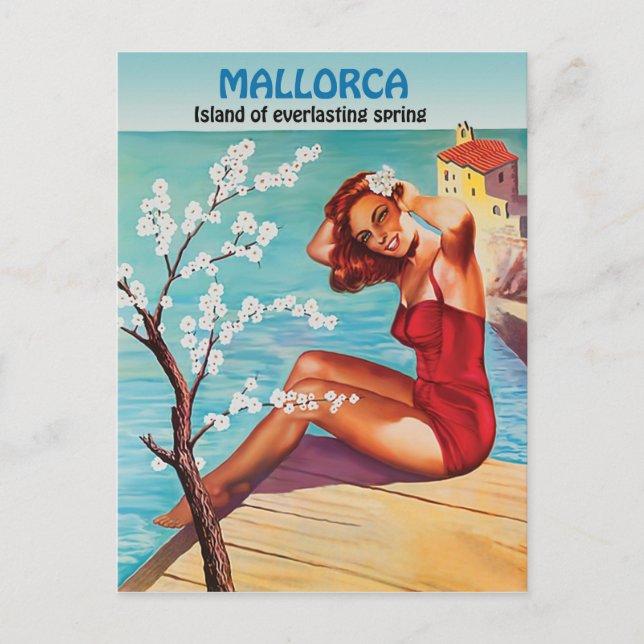 Mallorca, evig vår, flicka på kusten vykort (Framsida)