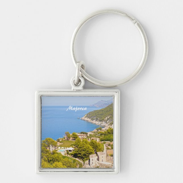 Mallorca Fyrkantig Silverfärgad Nyckelring (Framsidan)