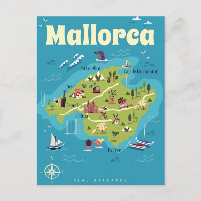 Mallorca Illustrated Karta Vykort (Framsida)