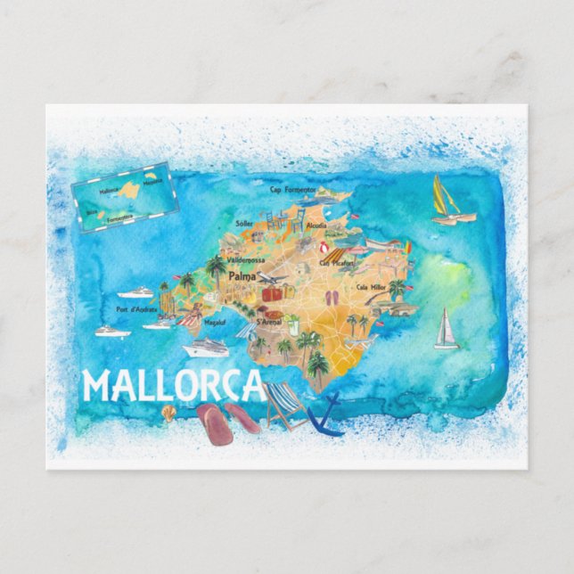 Mallorca Spain Illustrated Karta med Landmarks Vykort (Framsida)