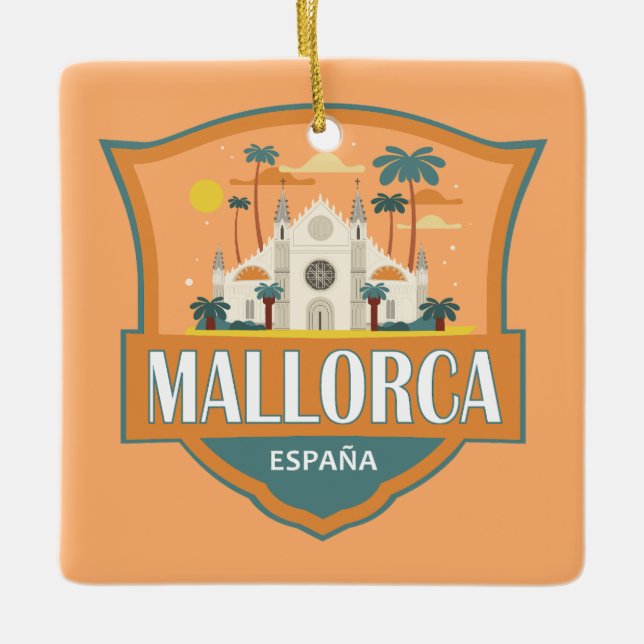 Mallorca Spain Travel Retro Badge Julgransprydnad Keramik (Framsida)