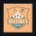 Mallorca Spain Travel Retro Badge Magnet<br><div class="desc">Mortorca-rekreationsformgivning i ett emblem stil som visar Santa María-katetern. Mallorca (Mallorca) är en av Spaniens Balearer i Medelhavet.</div>
