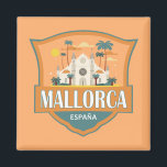 Mallorca Spain Travel Retro Badge Magnet<br><div class="desc">Mortorca-rekreationsformgivning i ett emblem stil som visar Santa María-katetern. Mallorca (Mallorca) är en av Spaniens Balearer i Medelhavet.</div>