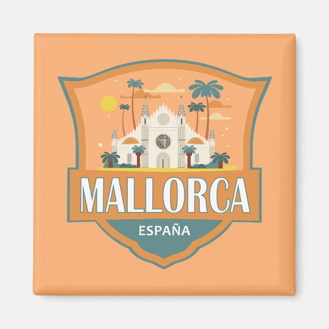 Mallorca Spain Travel Retro Badge Magnet (Framsidan)
