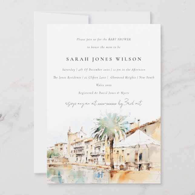 Mallorca Spanien Akvarell Landskap Baby Shower Inbjudningar (Framsida)